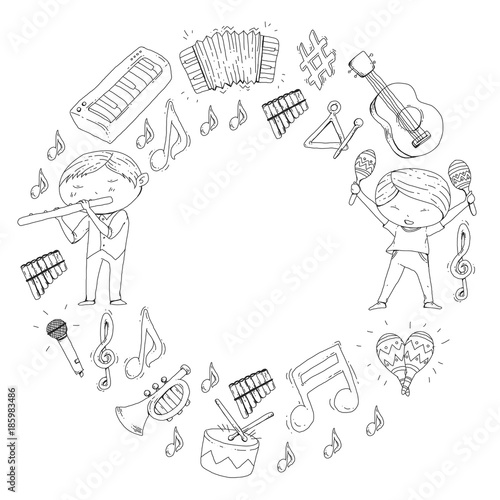 Vector school of music Musical theatre Kindergarten children with music instruments Drum, flute, accordion, trumpet, piano Music perfomance and school age kids Children orchestra