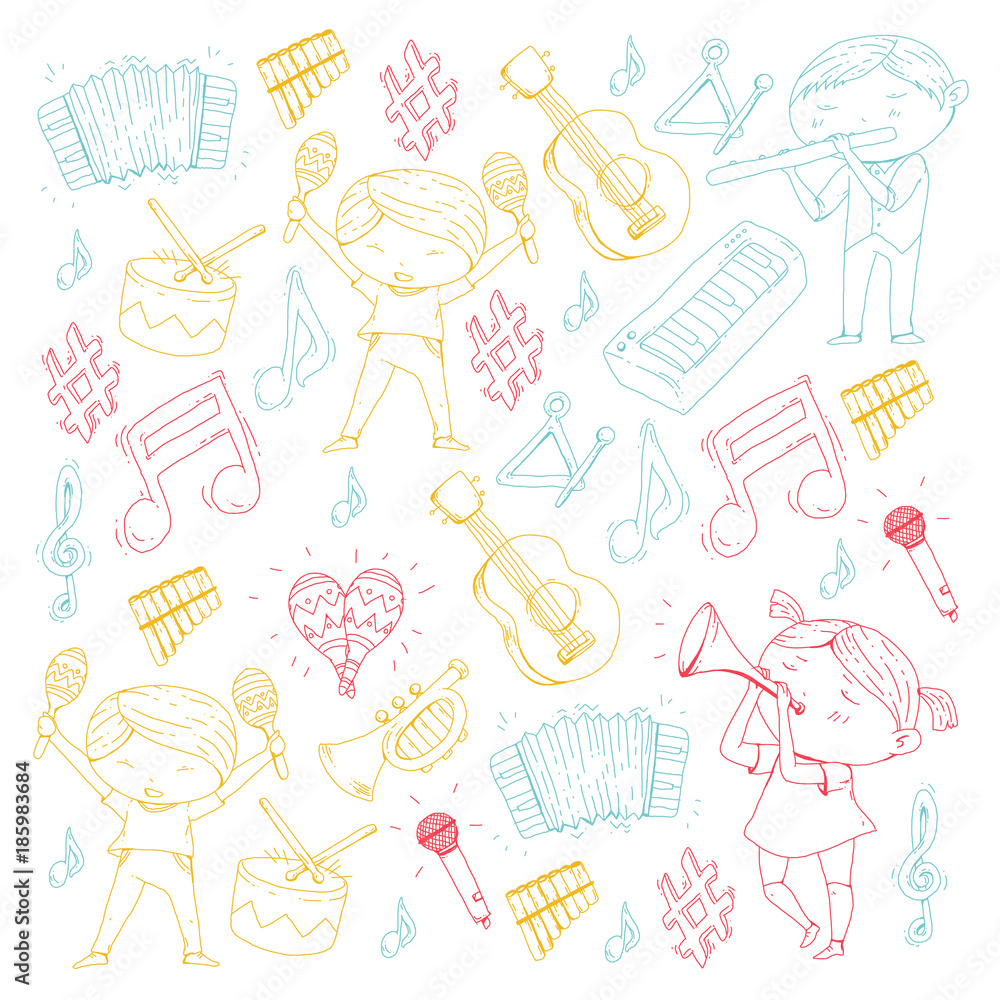 Vector school of music Musical theatre Kindergarten children with music instruments Drum, flute, accordion, trumpet, piano Music perfomance and school age kids Children orchestra Vector school of music Musical theatre Kindergarten children with music instruments Drum, flute, accordion, trumpet, piano Music perfomance and school age kids Children orchestra