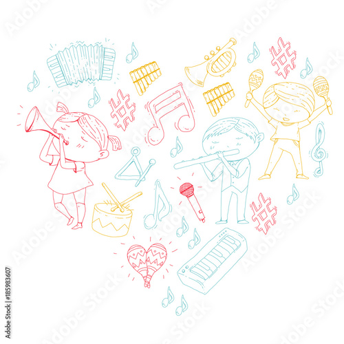 Vector school of music Musical theatre Kindergarten children with music instruments Drum, flute, accordion, trumpet, piano Music perfomance and school age kids Children orchestra