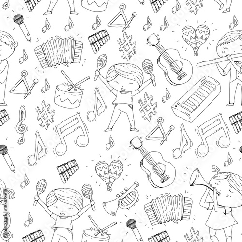 Vector school of music Musical theatre Kindergarten children with music instruments Drum, flute, accordion, trumpet, piano Music perfomance and school age kids Children orchestra