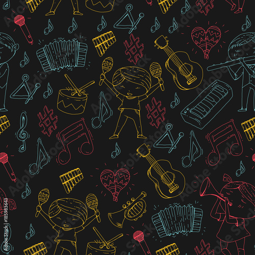 Vector school of music Musical theatre Kindergarten children with music instruments Drum, flute, accordion, trumpet, piano Music perfomance and school age kids Children orchestra