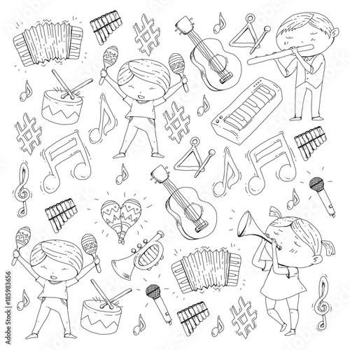 Vector school of music Musical theatre Kindergarten children with music instruments Drum, flute, accordion, trumpet, piano Music perfomance and school age kids Children orchestra