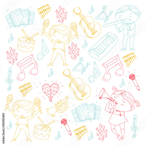 Vector school of music Musical theatre Kindergarten children with music instruments Drum, flute, accordion, trumpet, piano Music perfomance and school age kids Children orchestra
