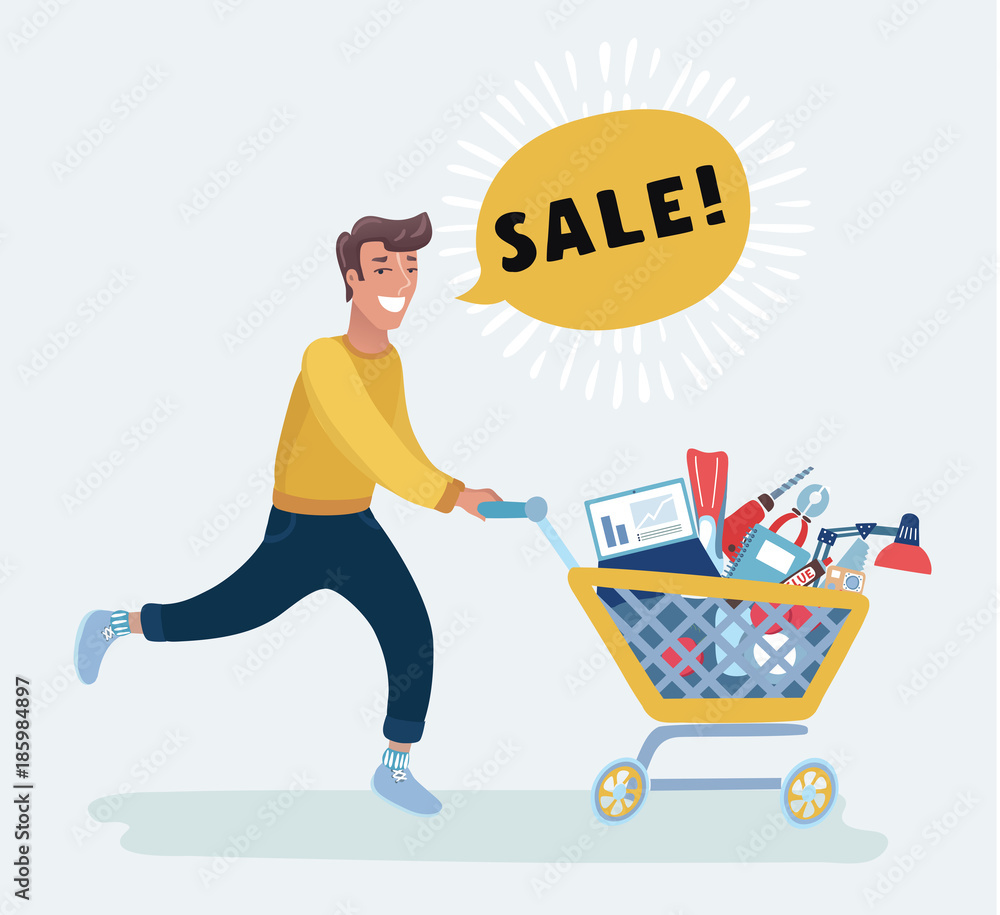 Young caucasian man pushing an empty supermarket trolley. Man shopping in  the supermarket with a trolley. Man walking with a trolley in the  supermarket. Vector flat design illustration. Stock-Vektorgrafik | Adobe  Stock