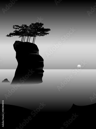 minimal landscape, trees on cliff in the sea, vector illustration