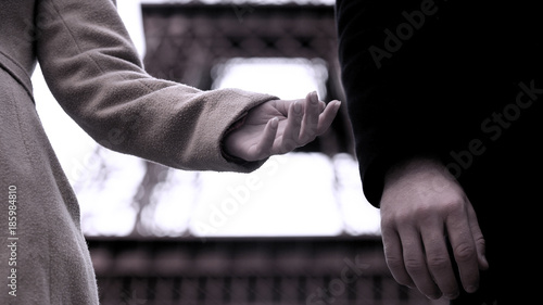End of relationship between man and woman, hands of breakup couple, divorce