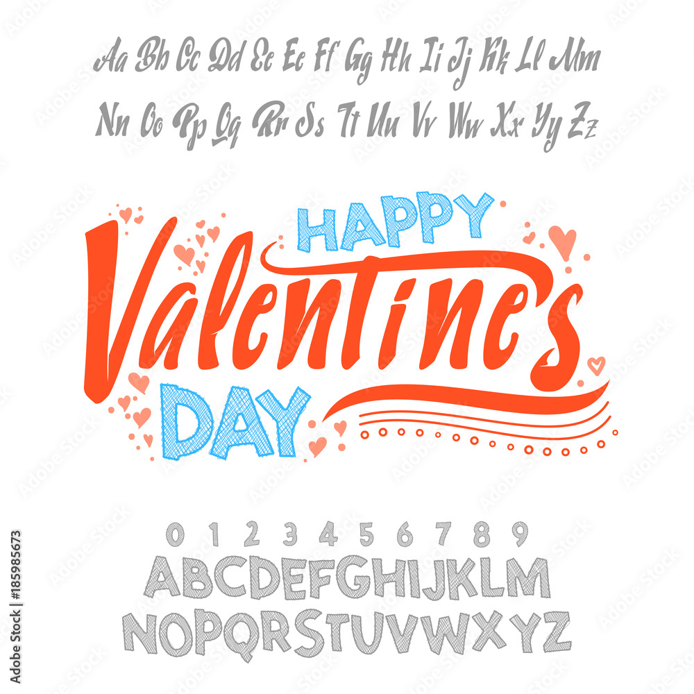 Happy Valentines Day- font. Vector alphabet. Hand Lettering script font. Typography abc for Designs: Logos, Packaging Design, Poster. ABC... Happy Valentines Day- font. Vector alphabet. Hand Lettering script font. Typography abc for Designs: Logos, Packaging Design, Poster. ABC...