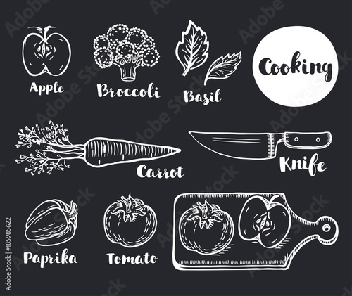 Vegetables eco vegan vector illustration set chalkboard chalk hand drawn doodle style