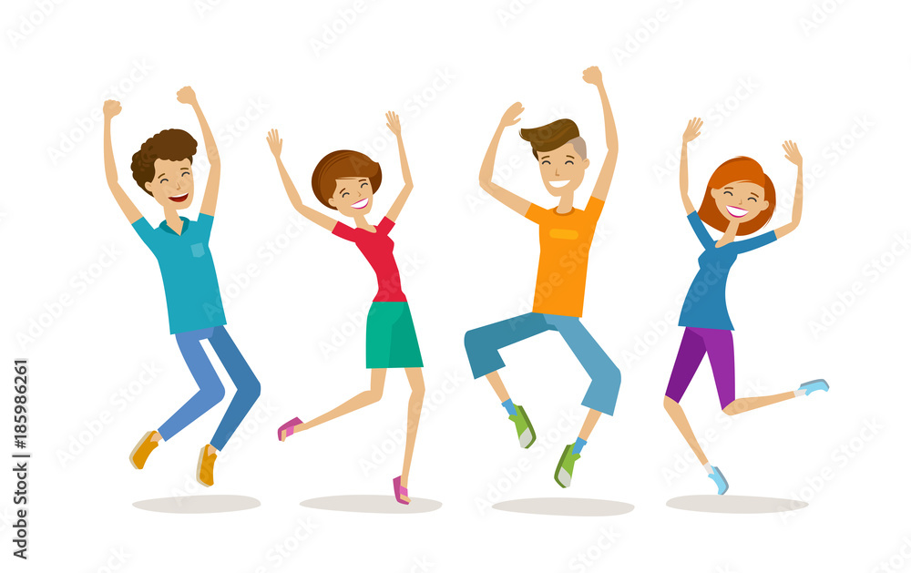 Happy young people, teenagers. Partying, cartoon vector illustration