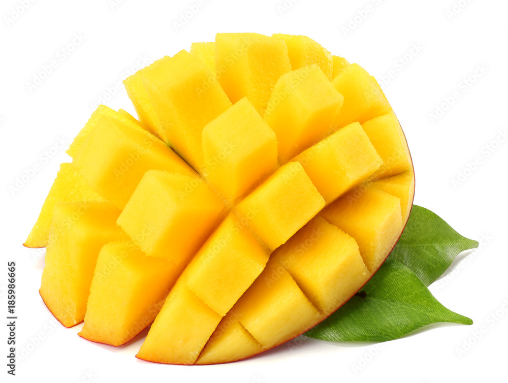 mango slice with green leaves isolated on white background mango slice with green leaves isolated on white background