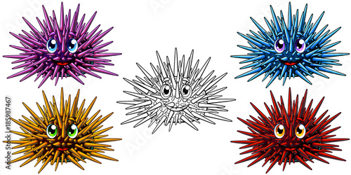 Set four cartoon sea hedgehog and contour