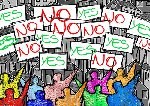A group of people protesting writing "yes and no" on their billboards - concept illustration