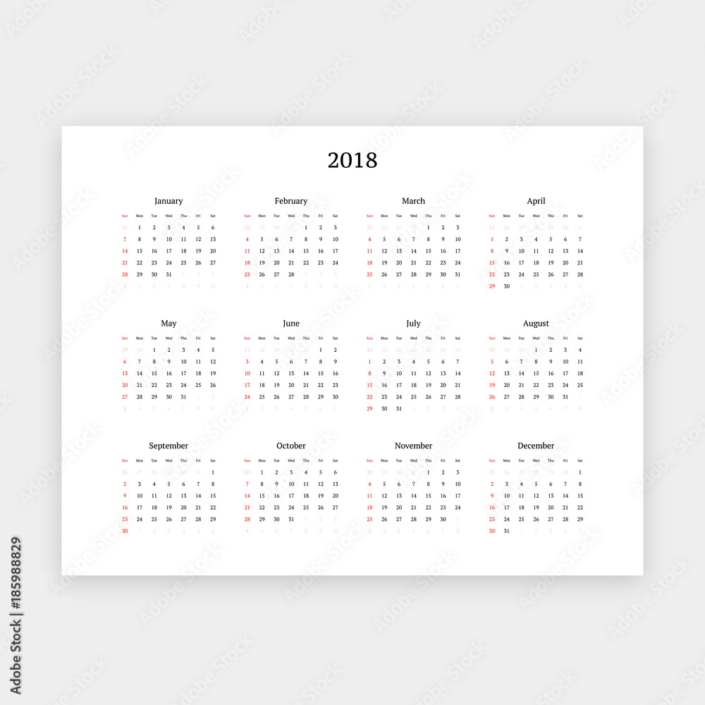 Simple 2018 calendar vector horizontal template. Week begins on Sunday.