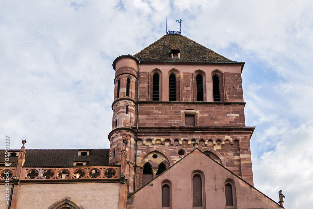 View of St. Thomas church with five naves in Strasbourg. The Protestant Church of Saint-Thomas (Eglise Saint-Thomas) is an excellent example of Alsatian Gothic art. Strasbourg, Alsace, France.
