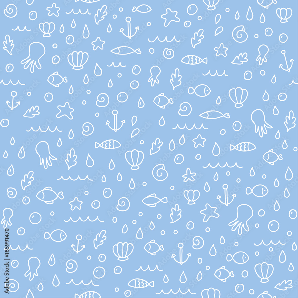 Vector cute marine life doodle seamless pattern. Can be used for textile, website background, book cover, packaging.