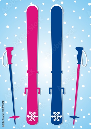 Ski and ski sticks, vector icon.  Men's and women's set.
