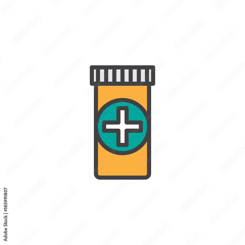 Obraz premium Medicine pills filled outline icon, line vector sign, linear colorful pictogram isolated on white. Drugs bottle symbol, logo illustration. Pixel perfect vector graphics