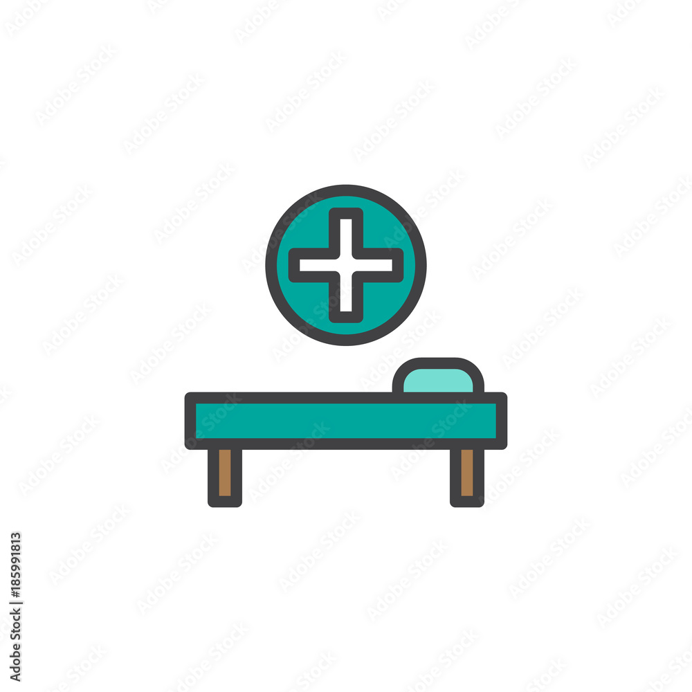 Hospital bed and the medical cross filled outline icon, line vector sign, linear colorful pictogram isolated on white. Symbol, logo illustration. Pixel perfect vector graphics Hospital bed and the medical cross filled outline icon, line vector sign, linear colorful pictogram isolated on white. Symbol, logo illustration. Pixel perfect vector graphics