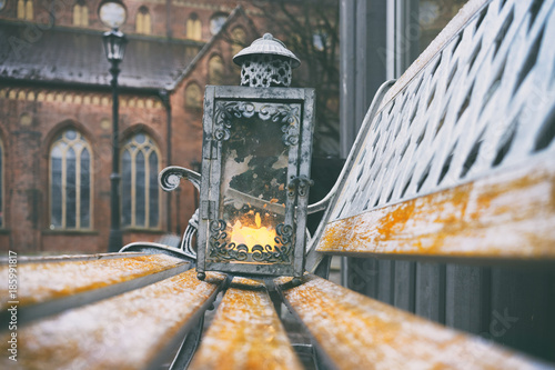 Lantern with a candle in the old town of Riga