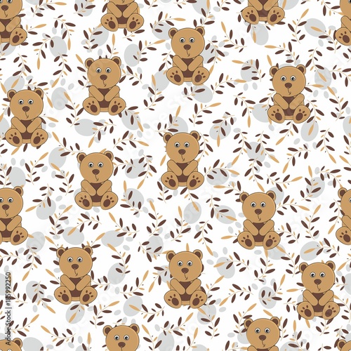 Children's wallpaper in a bowl with leaves. Seamless background for children. Teddy bear, leaves and paws