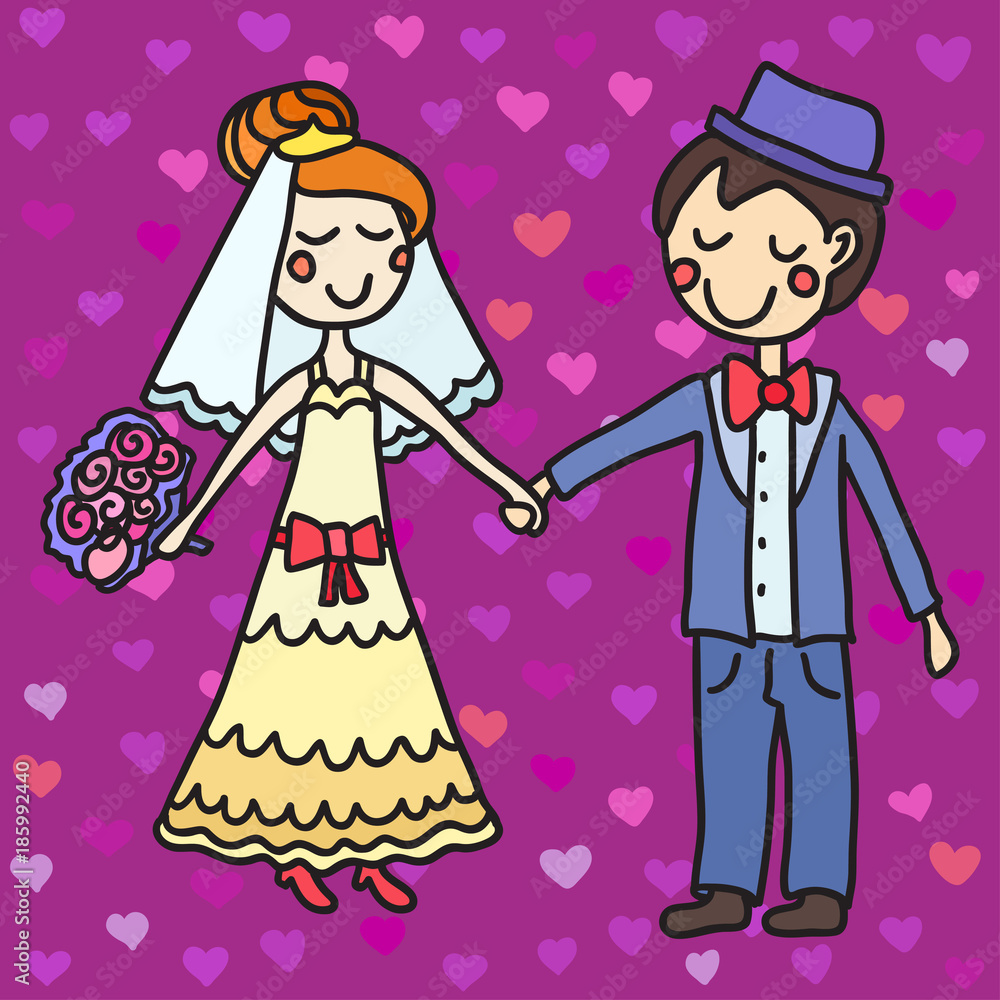 Hand drawn wedding couple and seamless pattern with hearts. Vector illustration for your cute design.