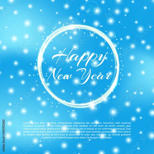 Happy new year 2018 background with bokeh effect. Elegant christmas blue background with snowflakes and sparkles. Greeting card design template with typography label.