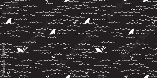 Shark whale dolphin Seamless pattern Sea Ocean vector doodle isolated wallpaper background black