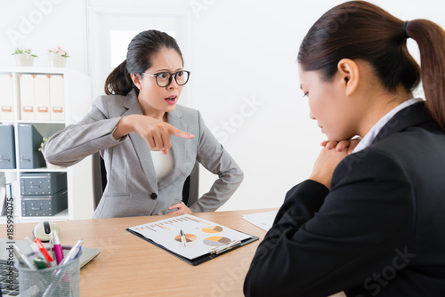 Photos angry female manager pointing blame her employee