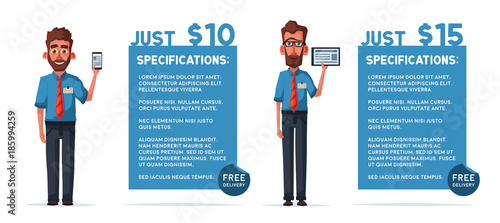 Sellers with Phone and Tablet. Cartoon vector illustration