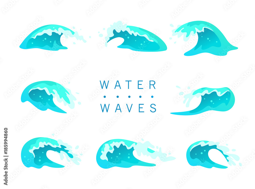 Fototapeta premium Vector collection of flat blue water waves, splatters, curves icons isolated on white background. Pure water splatters set, good for environment elements design, packaging emblems, banners, logo etc.