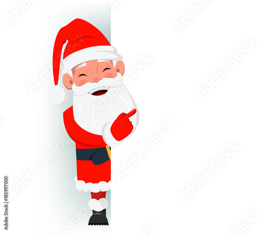 Happy Santa Claus standing behind a sign and showing on blank placard