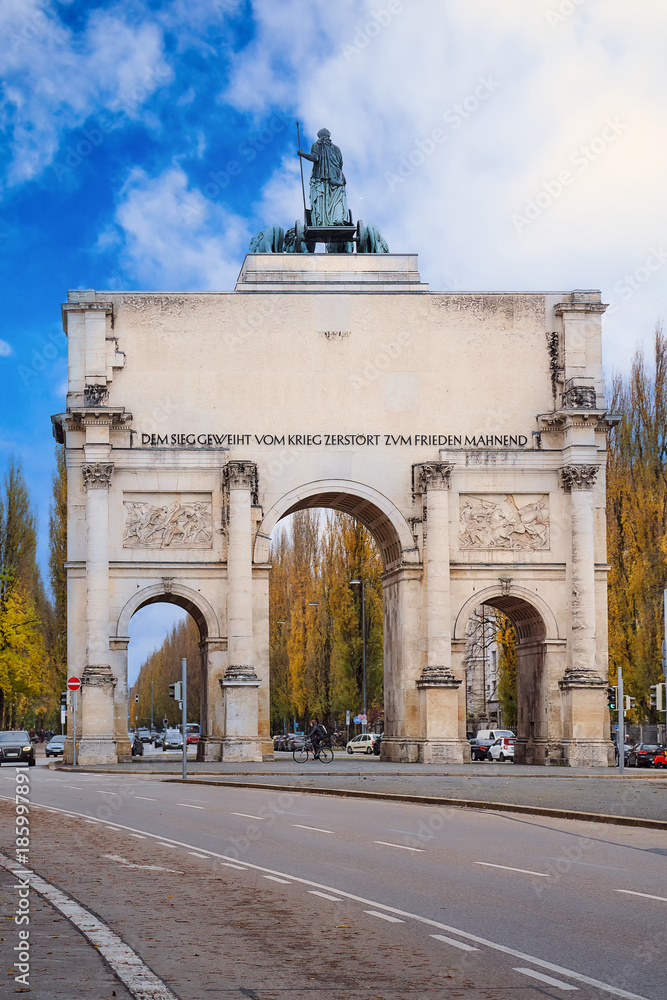 Victory Gate (Siegestor) in Munich, triumphal arch with a statue of Bavaria
