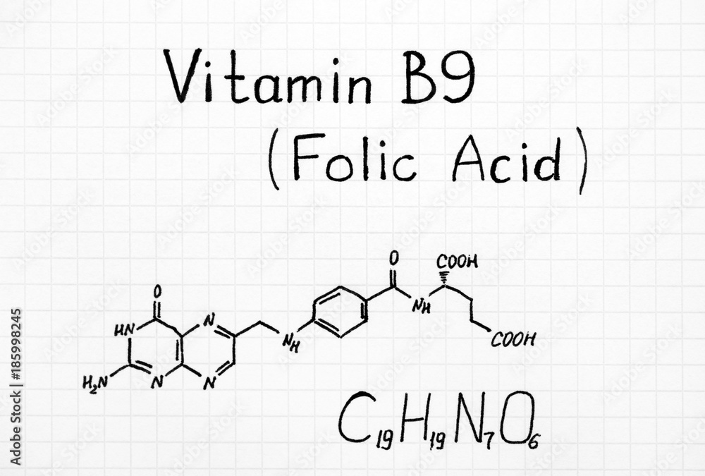 Chemical formula of Vitamin B9 (Folic Acid).