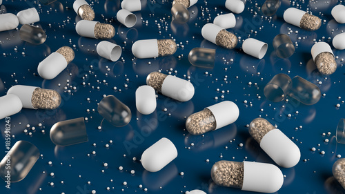 3d render abstract medical background. Pills and capsules laying on the reflective floor. Medicine .health concept.