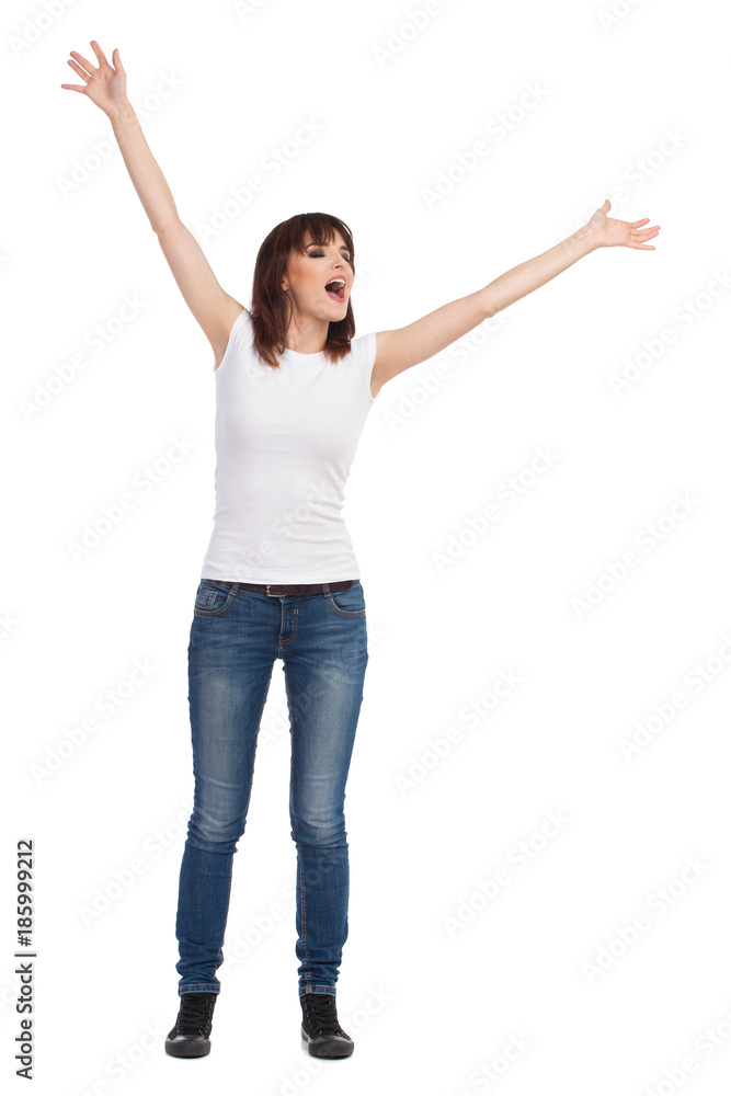 Happy Young Woman Is Shouting And Holding Arms Raised Happy Young Woman Is Shouting And Holding Arms Raised