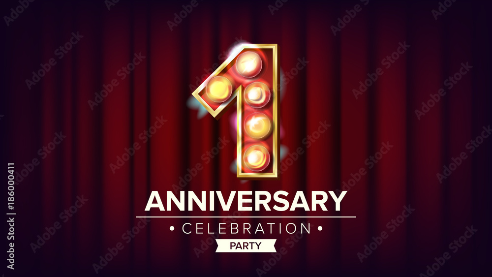1 Year Anniversary Banner Vector. One, First Celebration. Shining Light