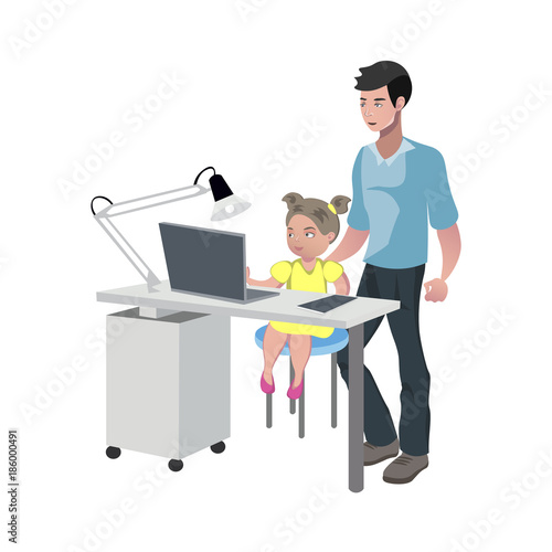 Father watching girl doing homework