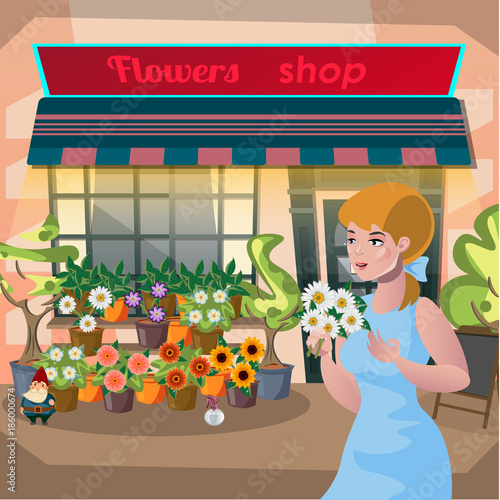 Billede på lærred Florist girl holding a pot of flowers in the flower shop