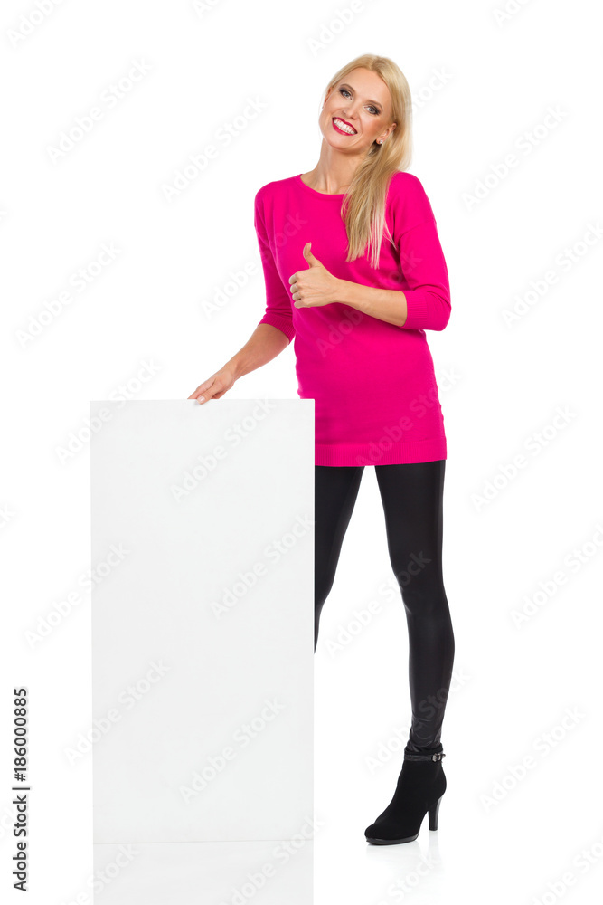 Happy Beautiful Woman Is Posing With White Placard And Showing Thumb Up Happy Beautiful Woman Is Posing With White Placard And Showing Thumb Up
