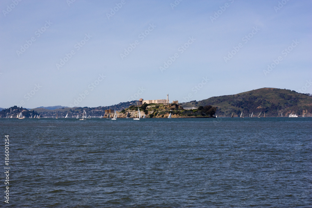 Alcatraz view from San Francisco with boats
