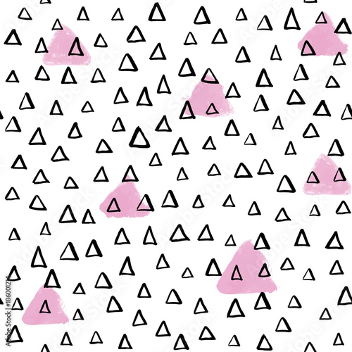 Seamless artistic abstract pattern. Hand drawn repeatable creative background. Triangles grunge design from painted texture. Pink, black and white drawing.