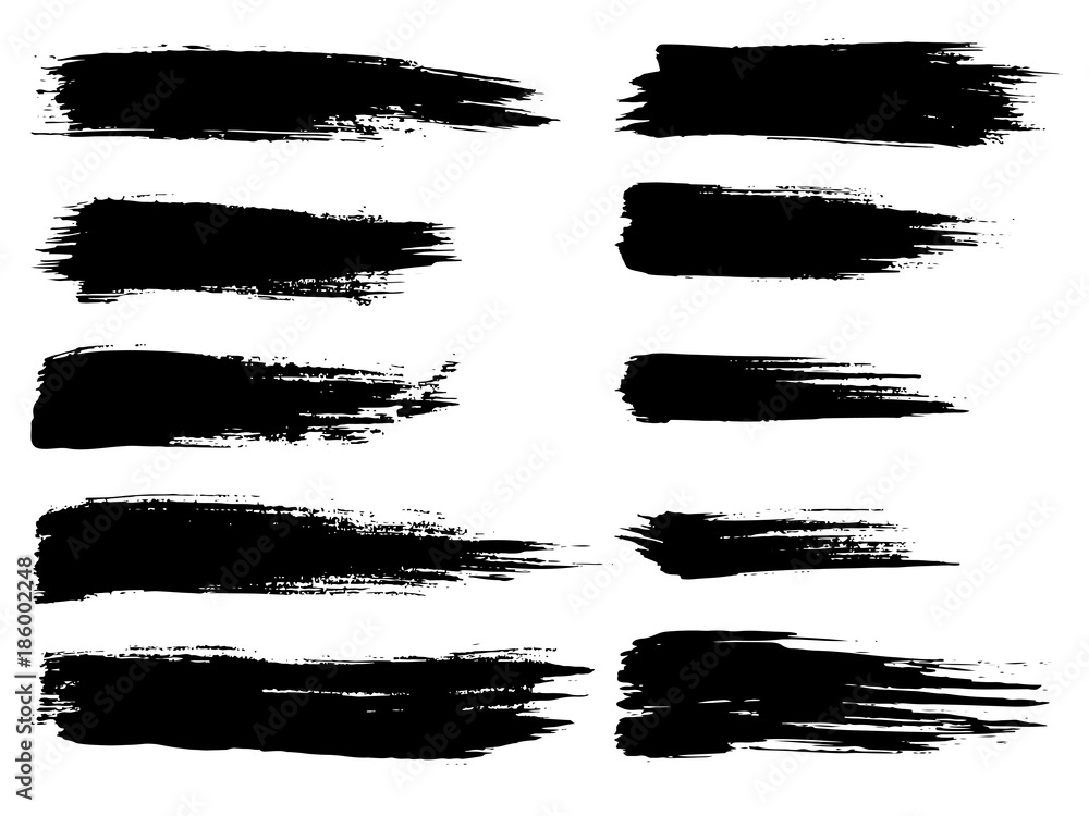 Obraz premium Vector collection of artistic grungy black paint hand made creative brush stroke set isolated on white background. A group of abstract grunge sketches for design education or graphic art decoration