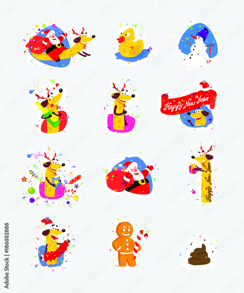 Obraz premium Set of icons, illustrations for the new year, Christmas. Santa Claus and yellow dog symbol Chinese New Year. Vector stickers in a flat style. Images are isolated from the background and ready for prin