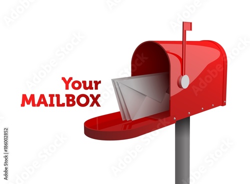 3d illustration of opened red mailbox with envelope, isolated on white background, vector realistic illustration