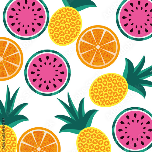 Fototapeta Naklejka Na Ścianę i Meble -  orange pineapple and watermelon fruit seamless pattern vector illustration