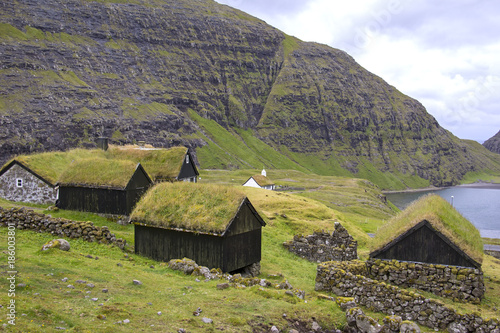 View to little cottages in Saksun, Faroe Islands