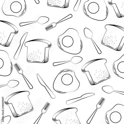 seamless pattern egg fried and slice bread fork spoon vector illustration outline design