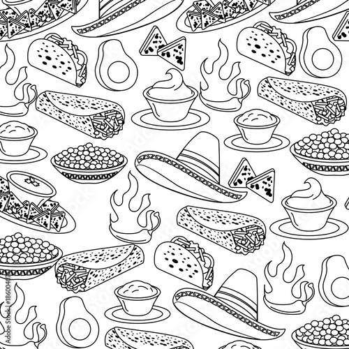 mexican fast food seamless pattern vector illustration outline design