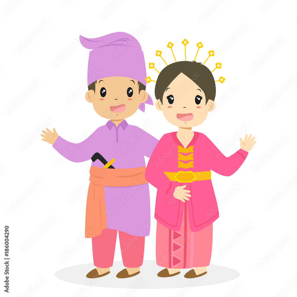 Happy boy and girl wearing Riau traditional dress. Indonesian children, Riau traditional dress cartoon vector Happy boy and girl wearing Riau traditional dress. Indonesian children, Riau traditional dress cartoon vector