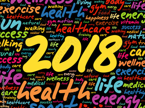 2018 word cloud collage, health concept background